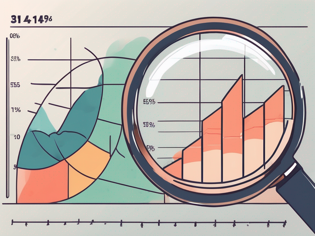 A magnifying glass over a bar graph and pie chart