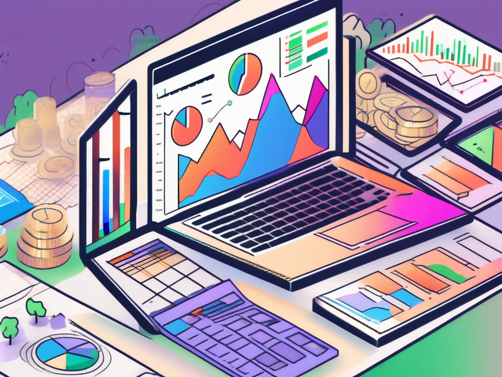 An open laptop displaying a colorful dashboard filled with graphs and charts